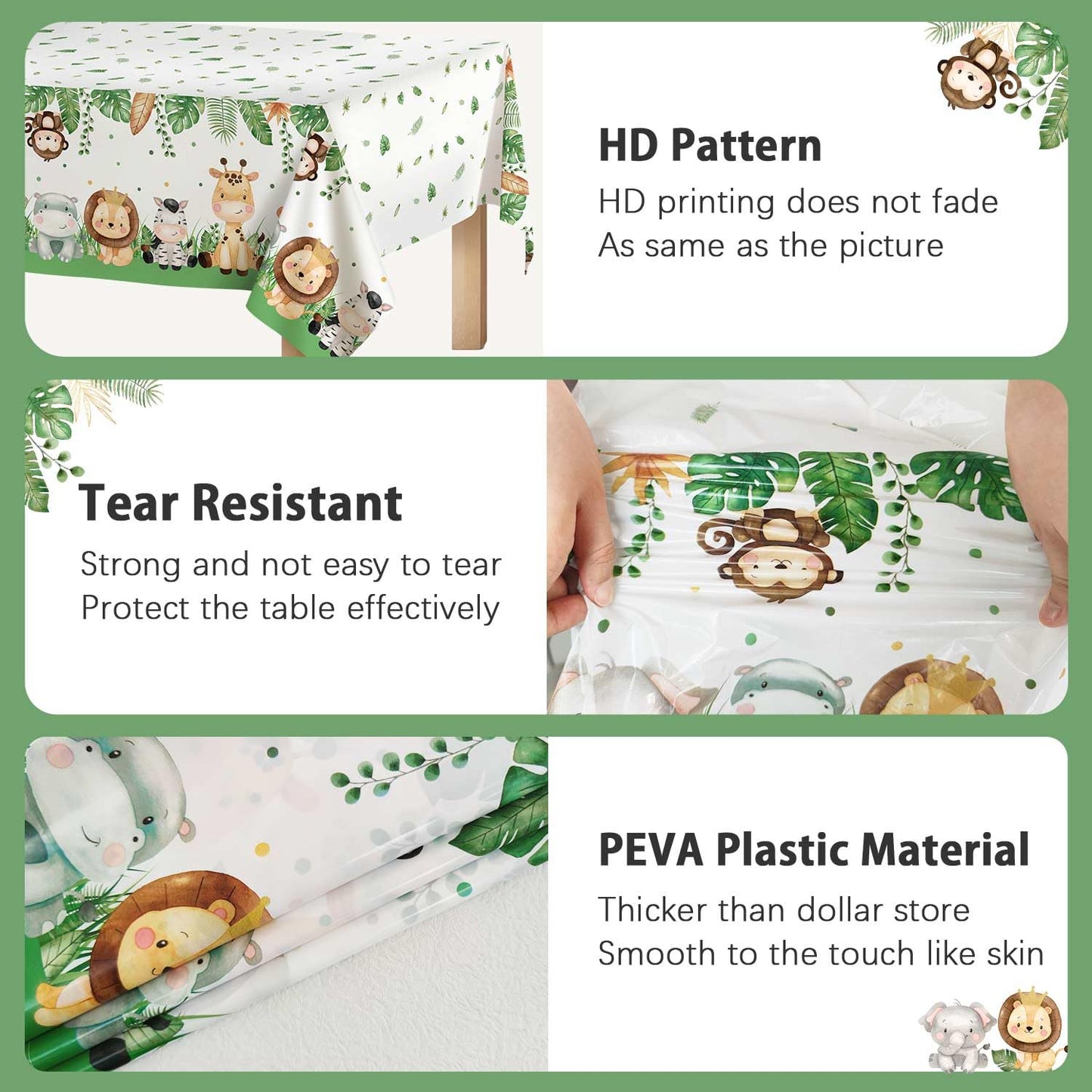 Lopeastar 3Pieces Jungle Safari Tablecloths Animal Print Table Cover, Sage Green Baby Shower Decorations Zoo Birthday Party Supp