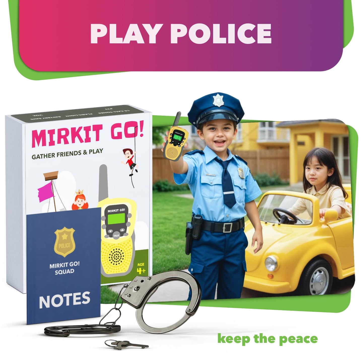 MIRKIT GO! 4X Walkie Talkies for Kids - Yellow & Blue with 4 Fun Games: Scavenger Hunt, Capture The Flag, Police Game, Hide and Seek!