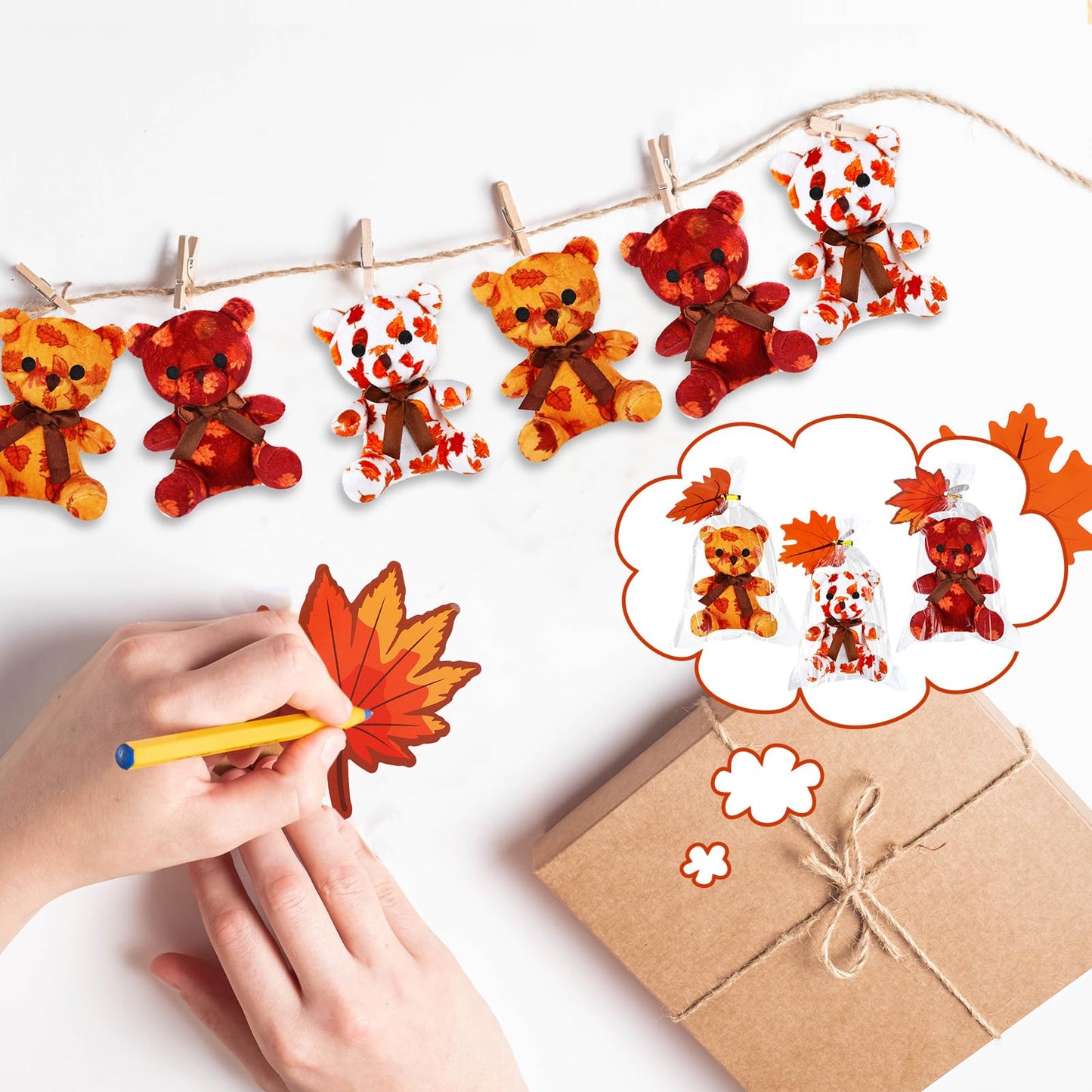 Poen 27 Pack Fall Mini Plush Bears With Maple Leaf Cards Set For Kids Classroom School Exchange Prize Gifts Fall Thanksgiving Gi