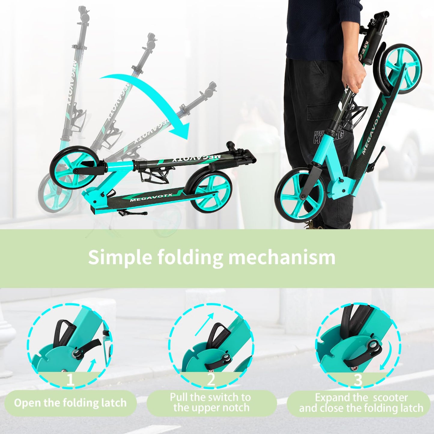 Megavotx Foldable Kids Scooter with 8 inch Sturdy Wheels - Scooters for Kids Teens mature-themeds Ages 8+ Adjustable Handlebar Gift for Boys&Girls 220lbs Max Load Capacity Bearing ABEC7 - (Green)