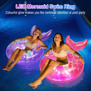 MoKo Pool Floats mature-themed with Lights LED Lighted Pool Toys Tubes 42 Inches Mermaid Tail Pool Floaties with Cup Holder and Handles Inflatable Swimming Pool Lights Floats for Party Beach Lake Pink