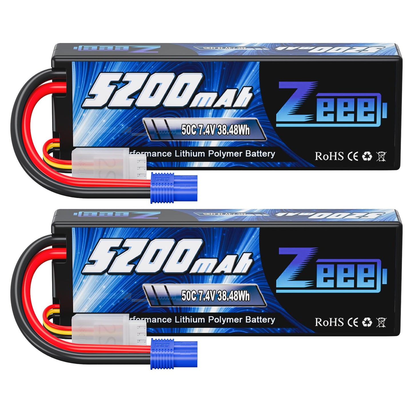 Zeee 2S 5200mAh Lipo Battery 7.4V 50C Hard Case Battery with EC3 Plug Compatible with 1/8 1/10 RC Vehicles Car Slash RC Buggy Tr