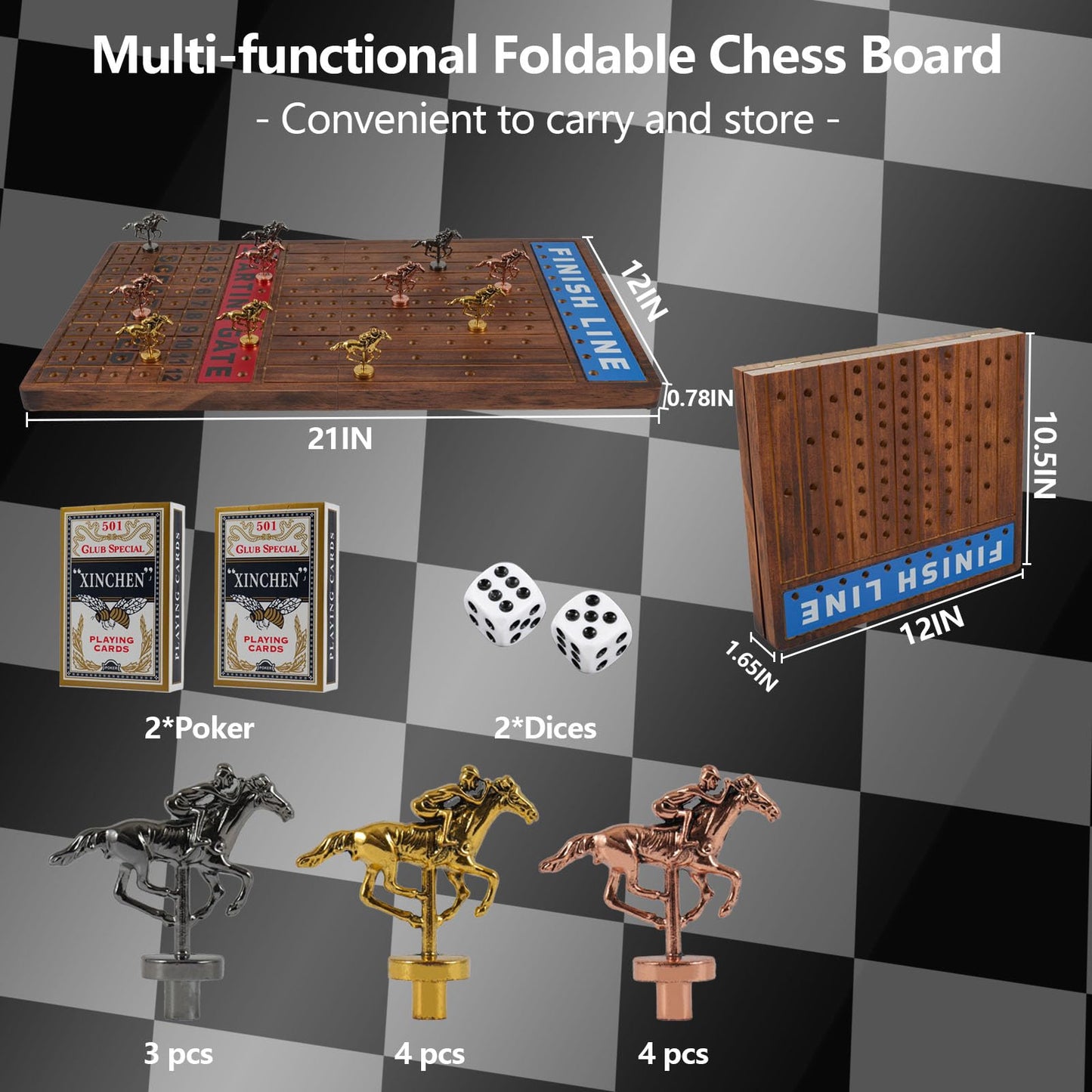 Wahartoly 21 In Large Luxury Thickened Wood Foldable Horse Race Board Game Finish Line Game With 11 Metal Model Horses 2 Sets Of