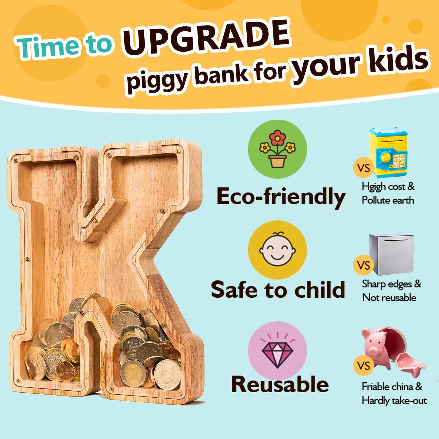 SummiDate Wooden Letter Piggy Bank for Kids| Piggy Bank for Boys Girls Toddler| Alphabet K Money Bank| Wood Coin Bank Personalized Birthday Gift for Kids (K)