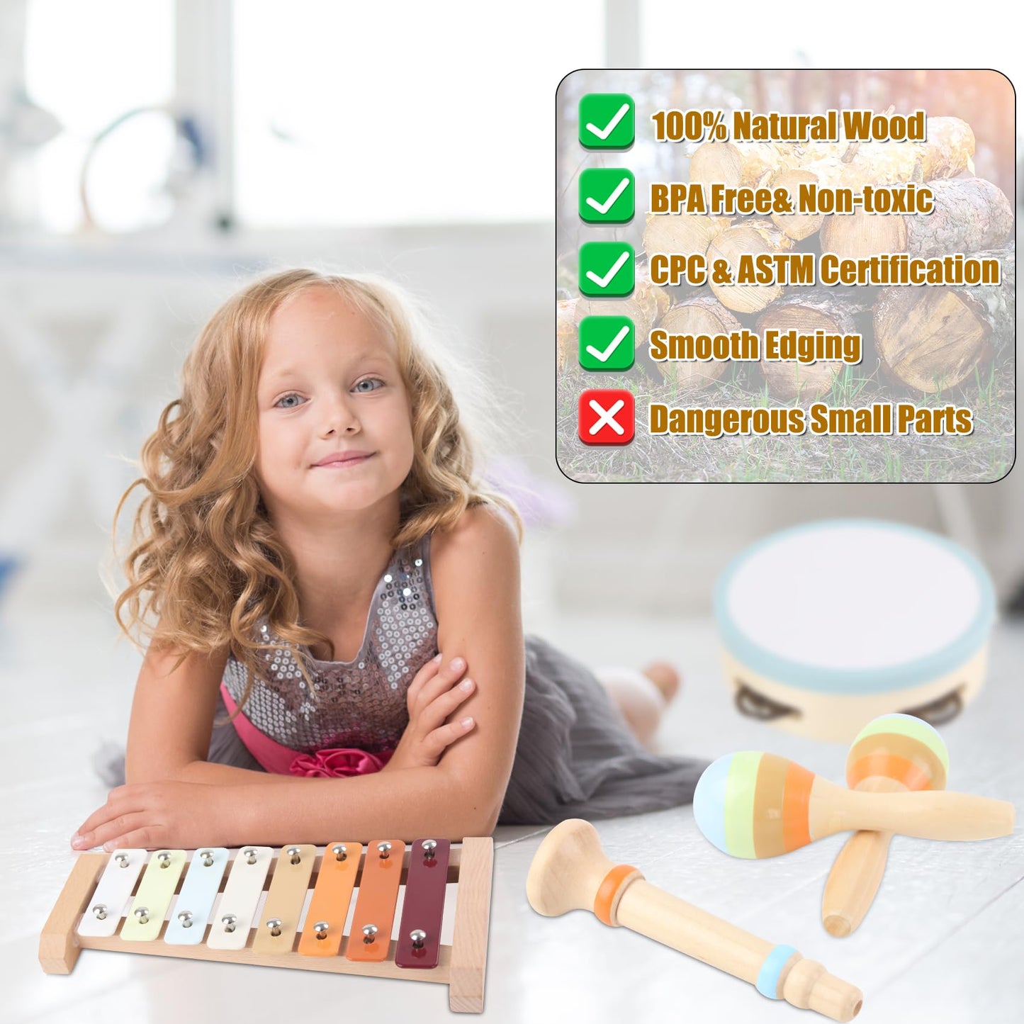 Ranqibo Musical Instruments For Toddlers 1-3 - Eco-Friendly Wooden Percussion Set With Xylophone, Tambourine, And Maracas In Neu