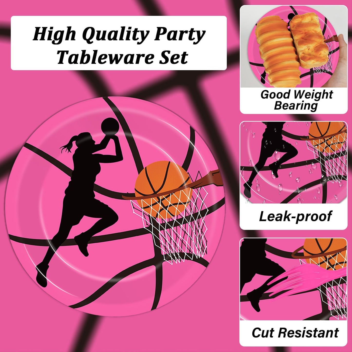 Gisgfim 96 Pcs Pink Basketball Party Supplies Paper Plates Napkins Basketball Sport Theme Birthday Party Tableware Decorations F