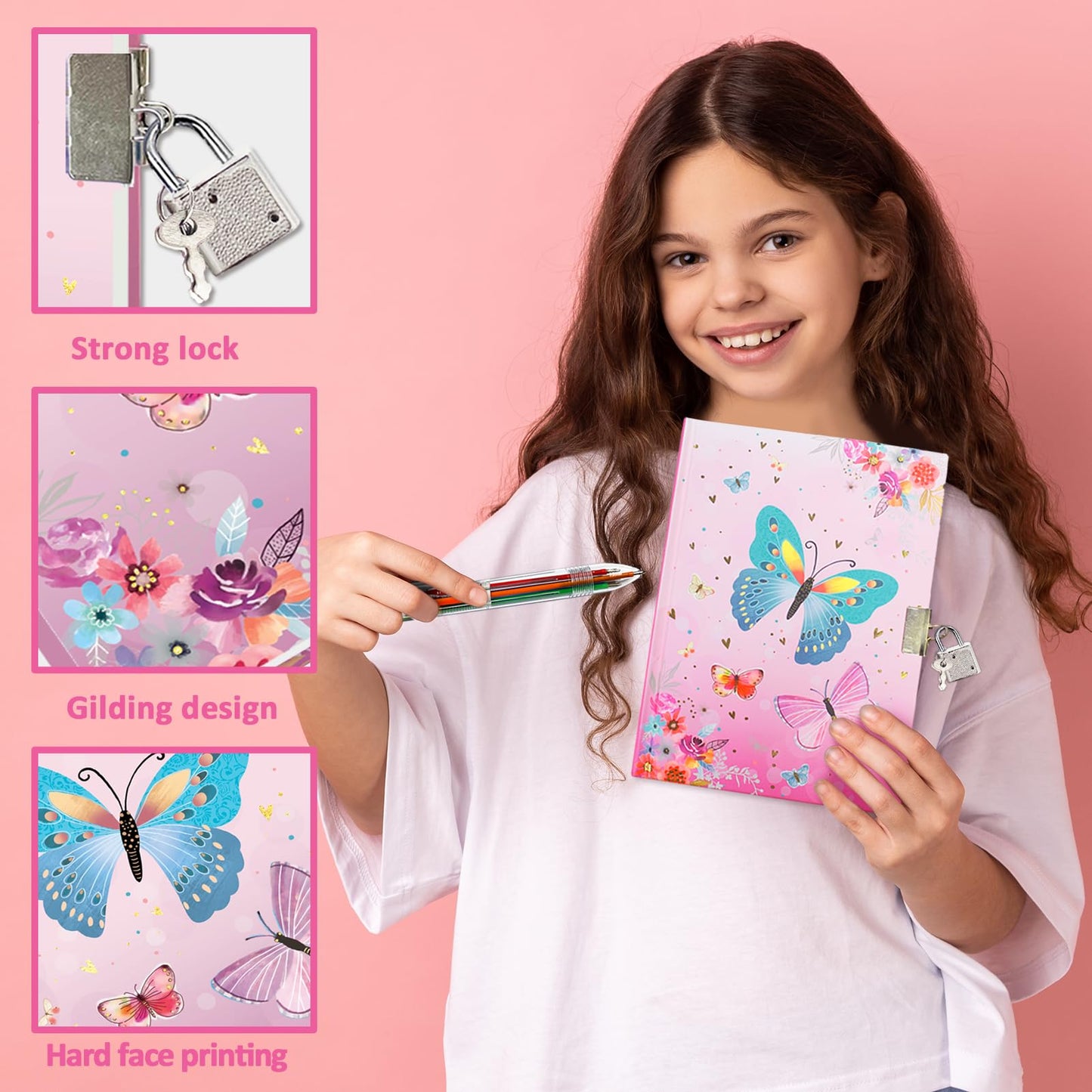 Butterfly Girls Diary With Lock, Set Of Diary For Girls Incl. Kids Journal With Lock & Pen (6-Multicolor) Memo Ruler Sharpener Eraser Pink Girls Journal Writing Notebooks For Kids Gifts For Girls 6-8