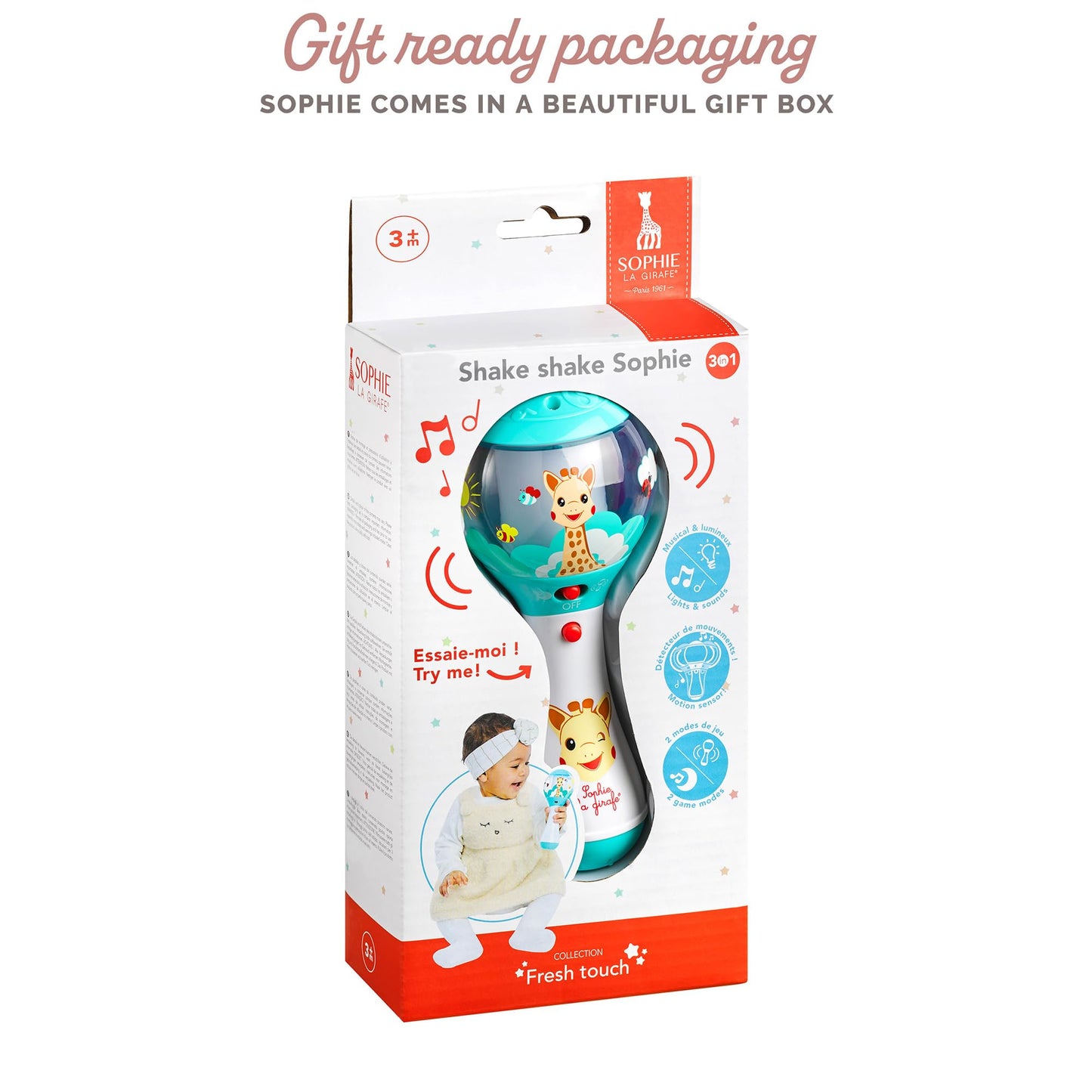 Sophie La Girafe | Shake Shake Rattle | Fun & Easy To Grasp Rattle With A Motion Detector | 4 Different Musical Modes For Playtime & 6 Melodies To Soothe Baby To Sleep