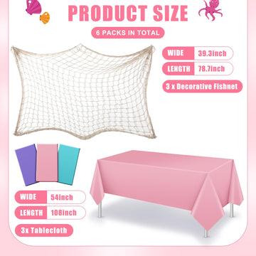 6 Pack Fish Net Decorative And Tablecloth Set, Cotton Fishnet And Plastic Table Cover Decorations Set For Nautical Themed Party