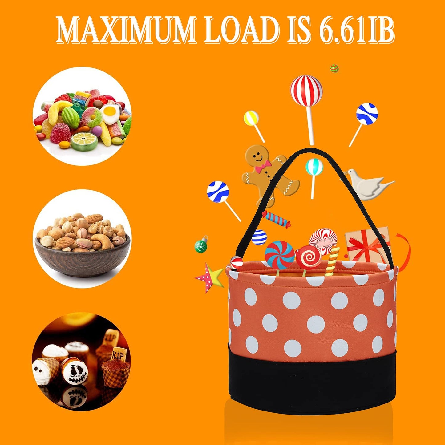 Leziazany Halloween Trick Or Treat Bag Halloween Candy Bucket Fabric Tote Gift Candy Bag Candy Polka Dot Skull Pumpkin Stripe Halloween Party Favors