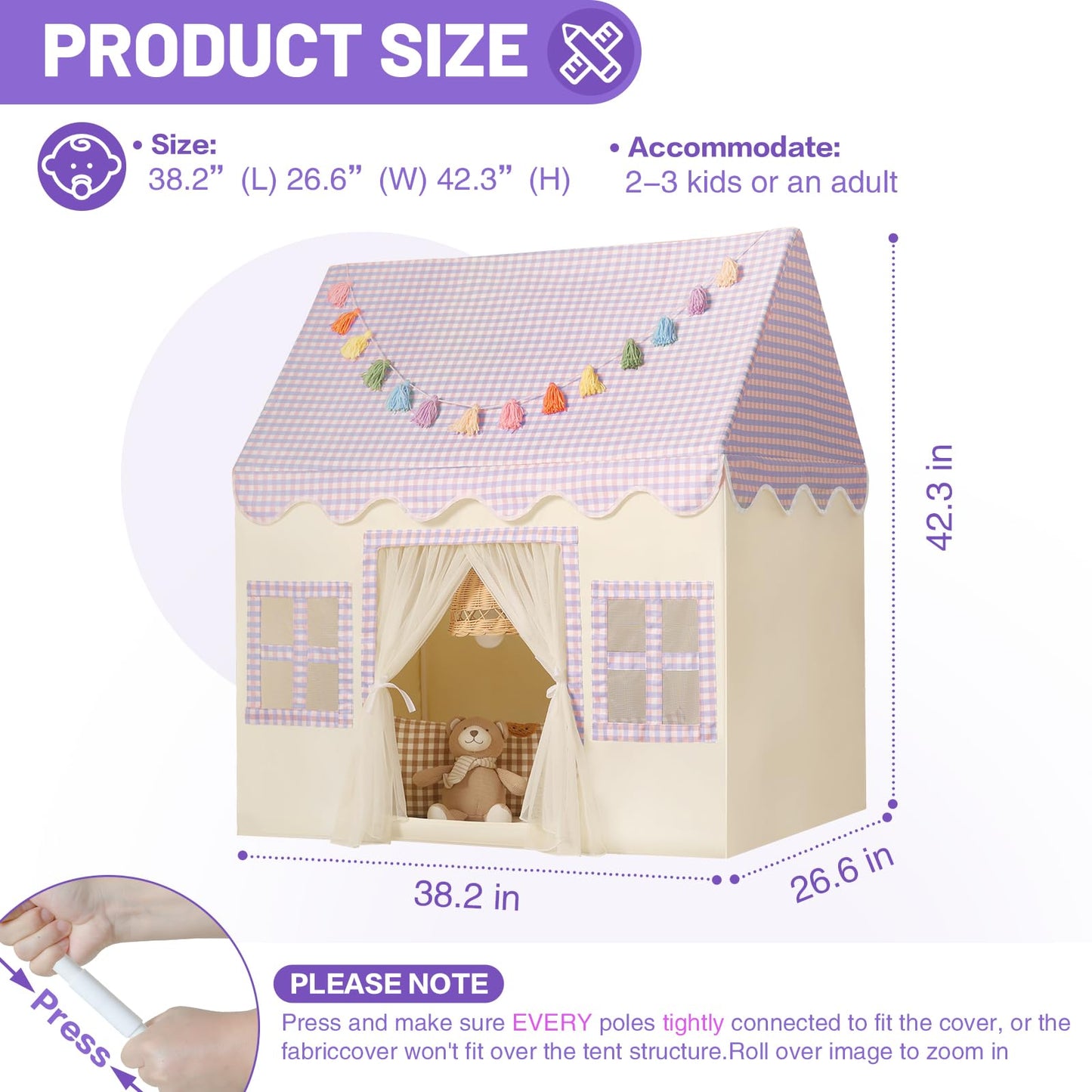 Senodeer Kids Play Tent Indoor: With Mat, Tassel Garland, Star Lights - Purple Checkered Girls Tent Playhouse For Toddlers Kids Toys For Boy Girl Birthday Gift For Kids