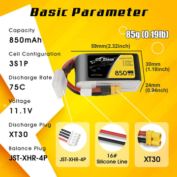 Tattu 850Mah 11.1V 75C 3S1P Lipo Battery Pack With Xt30 Plug(2 Pcs)