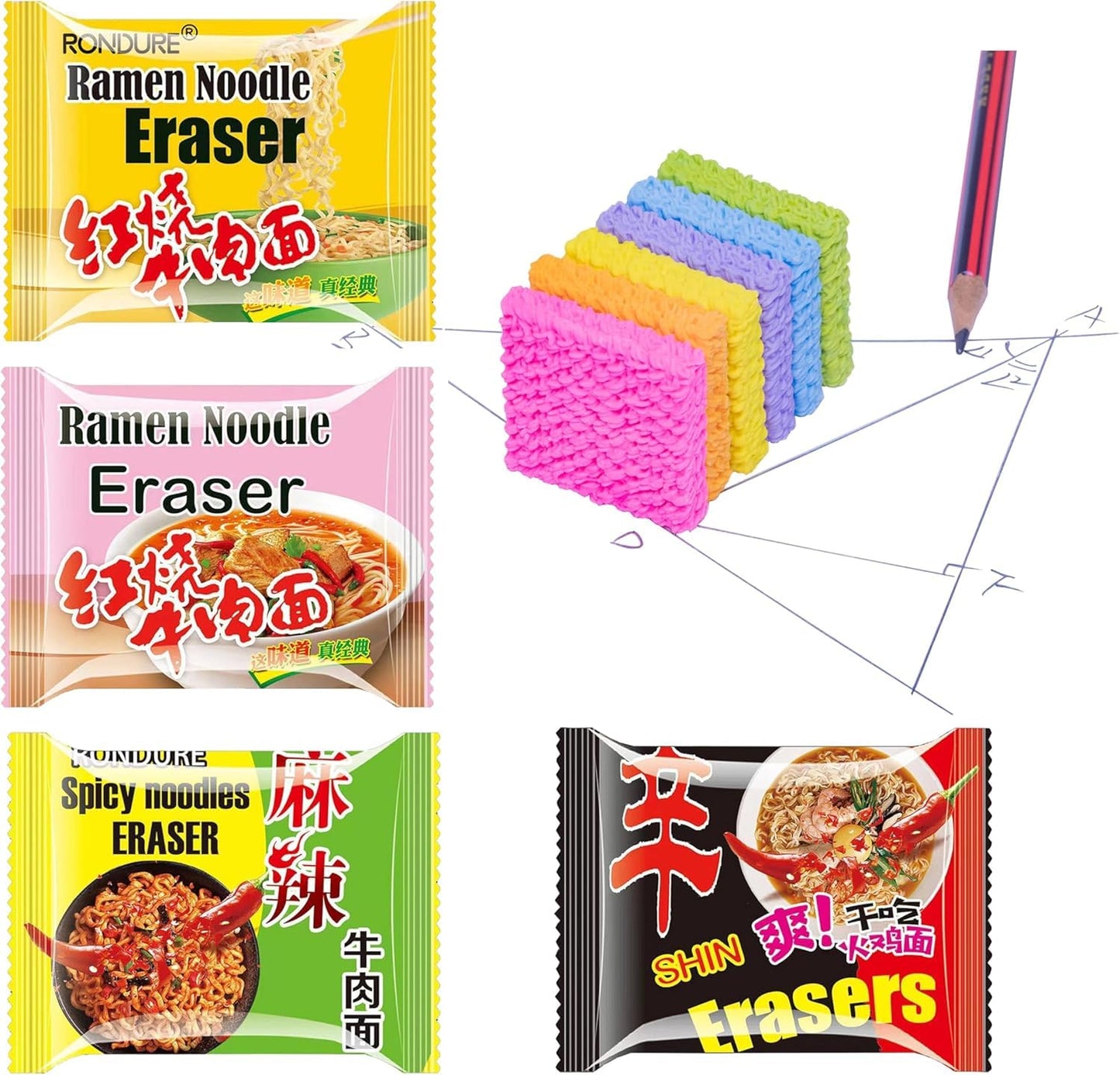 XANADU Food Erasers for Kids - Ramen Noodle Eraser 8 pcs - Cute Cool for Student and Teacher