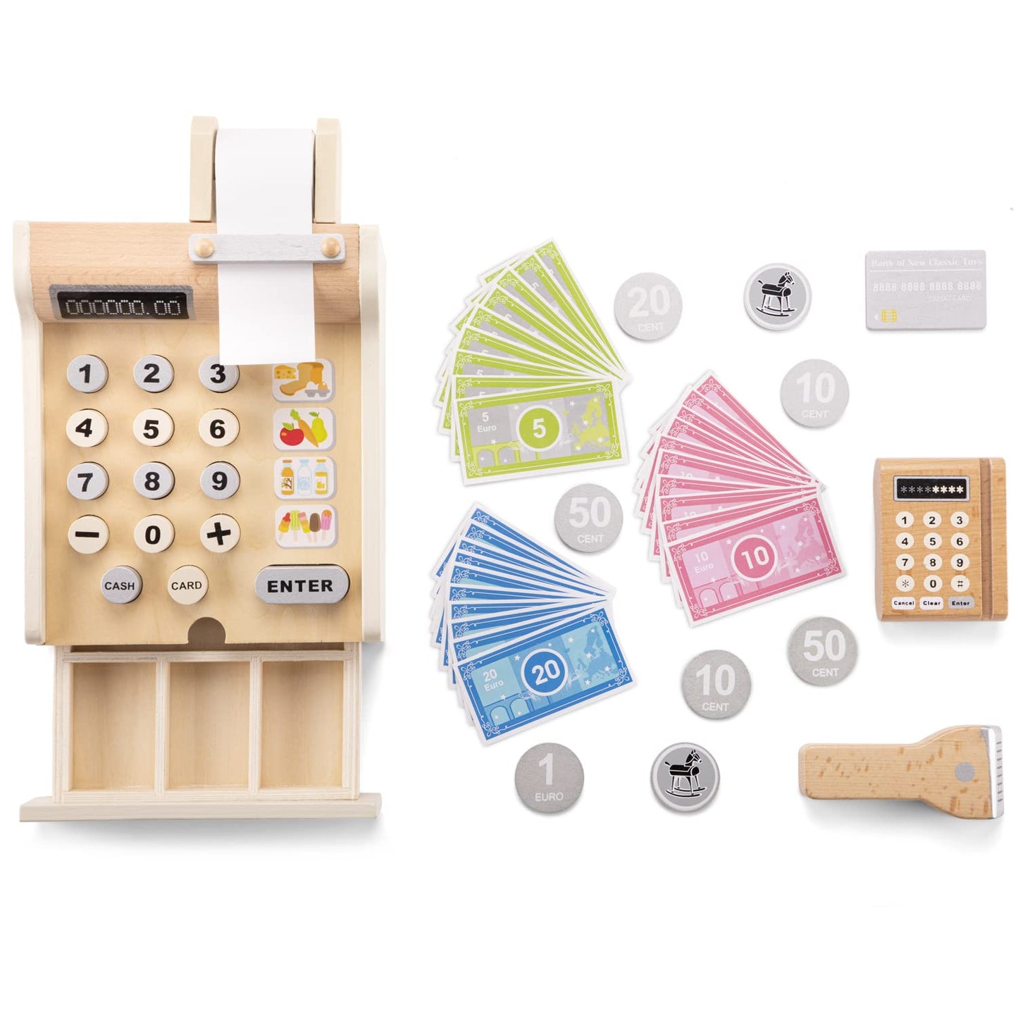 New Classic Toys 10651 Wooden Cash Register with Play Money, Scanner and Bank Card, White 200 x 165 x 110mm