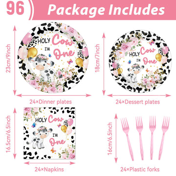 Gisgfim 96Pcs Holy Cow I'M One Party Supplies Pink Cow Print Paper Plates Napkins Cow First Party Tableware Set Cow Floral Dinne