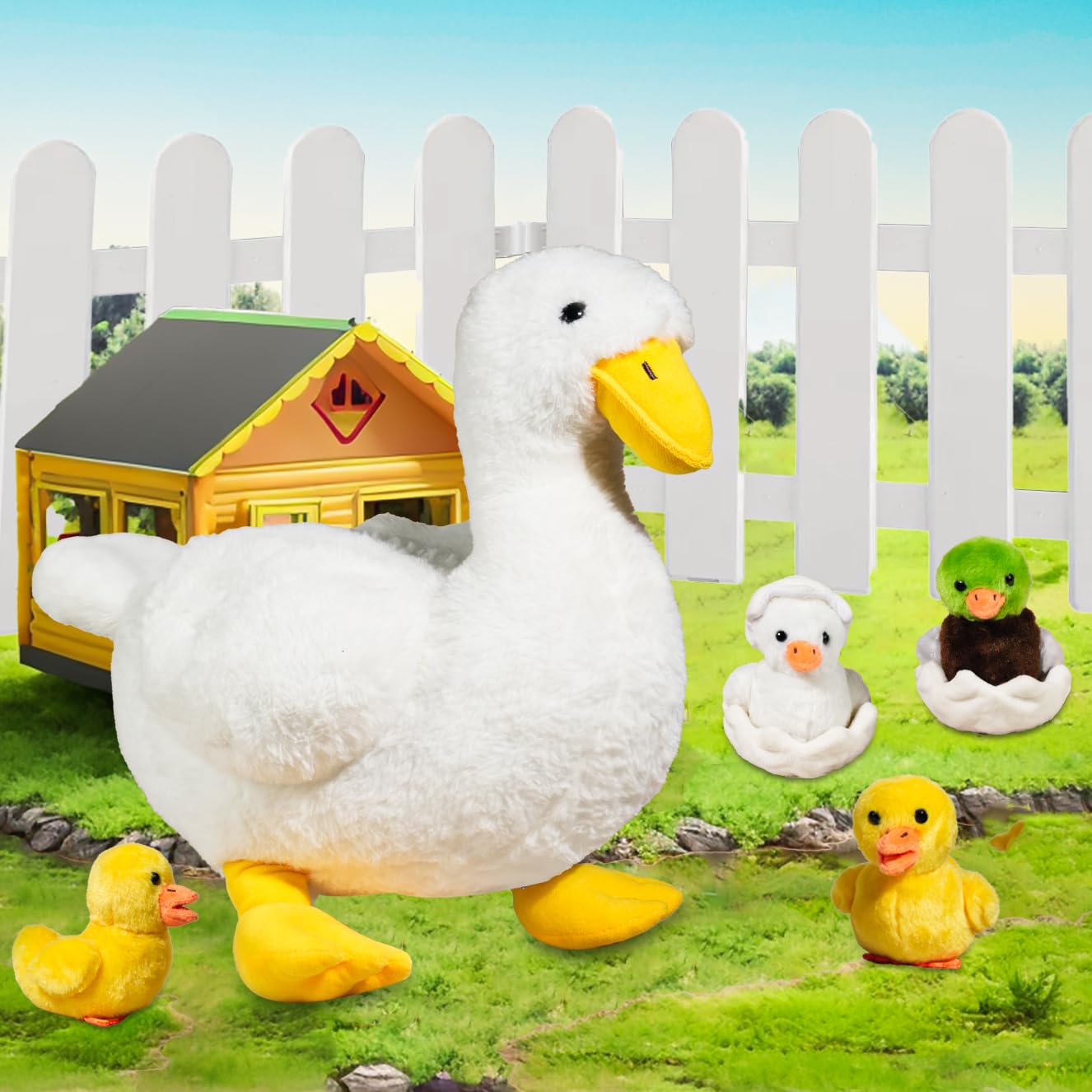 XYHQYB Duck Stuffed Animal Plush Toy Set with Baby Ducklings & Eggs, 7-in-1, White, Model QYB-004, Perfect for Kids' Easter & Birthday Decor