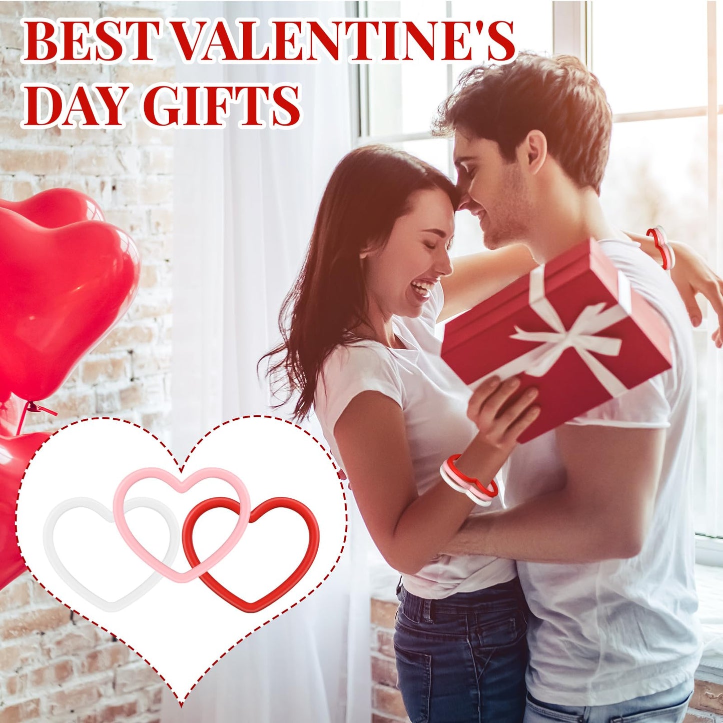 Vinsot 24 Pcs Heart Shaped Bracelets Valentine's Day Silicone Heart Bracelets 3 Colors Love Rubber Wristbands Valentine's Day Ac