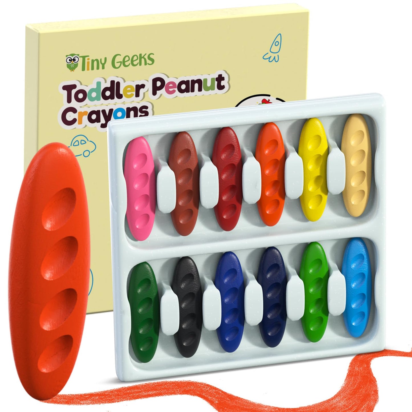 TinyGeeks 12 Peanut Crayons - Non Toxic Crayons for Toddlers - Washable for Kids Ages 4-8 - Easy To Hold - Toddlers 2-4 Years -