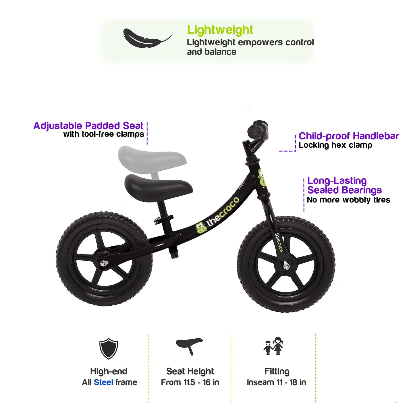 The Original Croco Ultra Lightweight And Sturdy Balance Bike.3 Models For 2, 3, 4, And 5-Year-Old Kids. Unbeatable Features. Toddler Training Bike, No Pedal (Very Black, Sturdy 12 Inch)