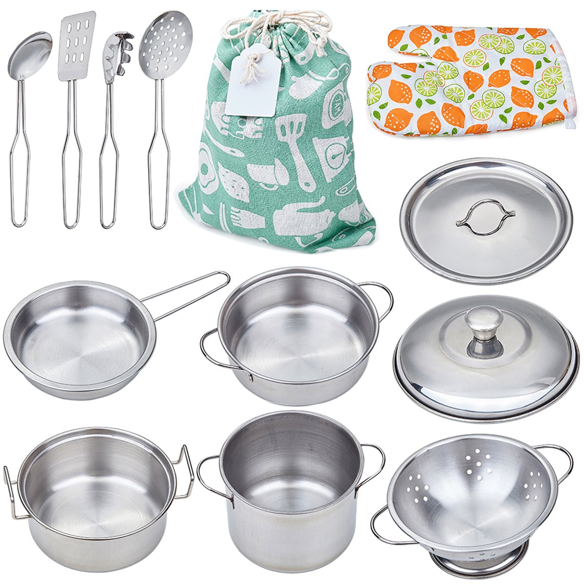 Play Pots and Pans Toys for Kids - Kitchen Playset Pretend Cookware Mini Stainless Steel Cooking Utensils Development Toys for T