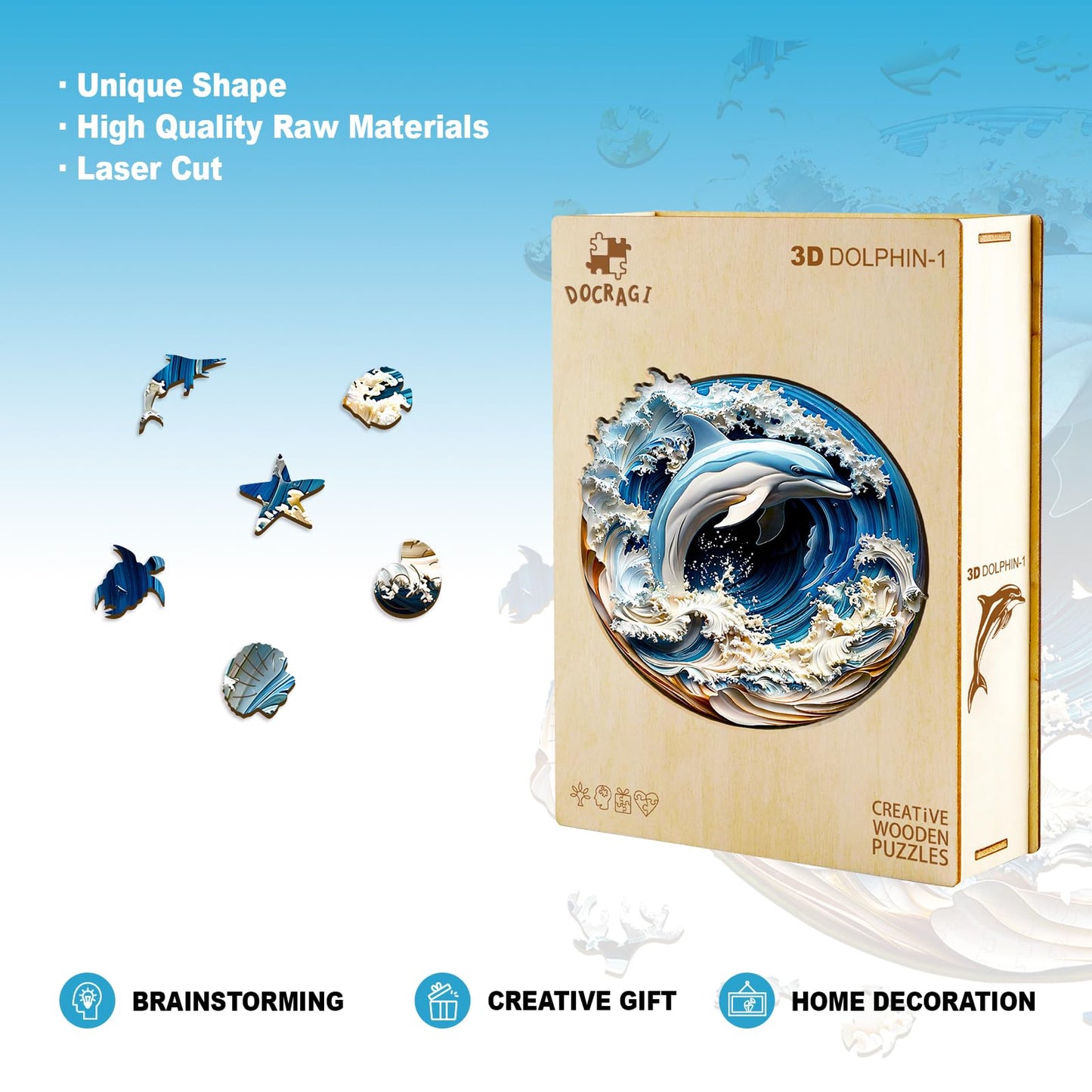 Wooden Puzzles for mature-themeds - 3D Vision Effects Dolphin Wooden Jigsaw Puzzle - Unique Animal Shaped Wood Puzzles mature-themed - Creative Birthday Gift Family Game (200pcs)