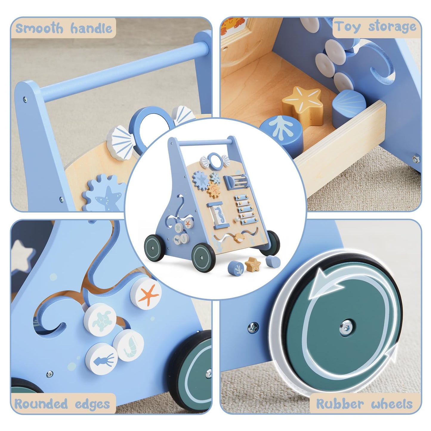 Beright Wooden Baby Walker Push And Pull Learning Activity Walker With Wheels Montessori Walker Toy Multiple Activities Center Develops Motor Skills & Stimulates Creativity (Blue)