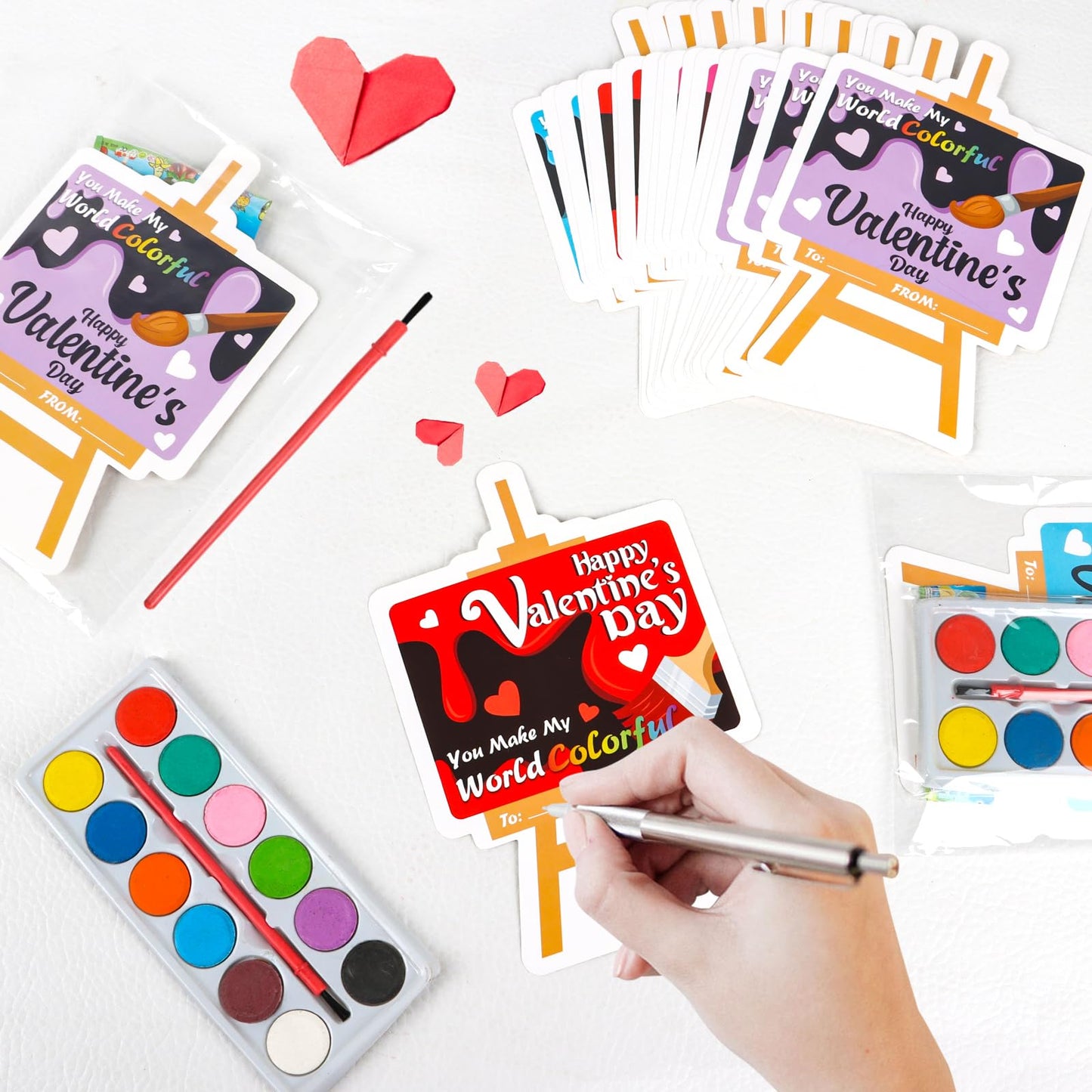 KIMOBER 24 Packs Valentines Day Gifts Cards with Watercolor Paint,Valentines Day Exchange Gifts with 25 Seal Bags for School Cl