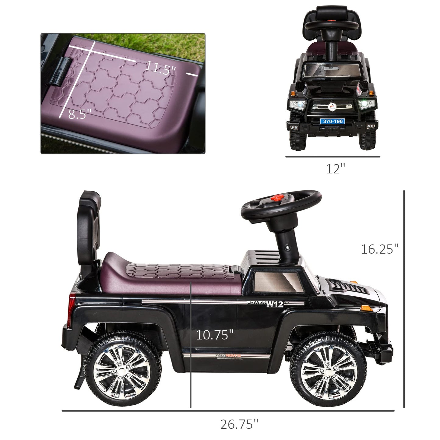 Aosom Kids Ride On Push Car, Suv Style Sliding Walking Car For Toddle With Horn, Music, Working Lights, Hidden Storage And Anti-Dumping System, Black