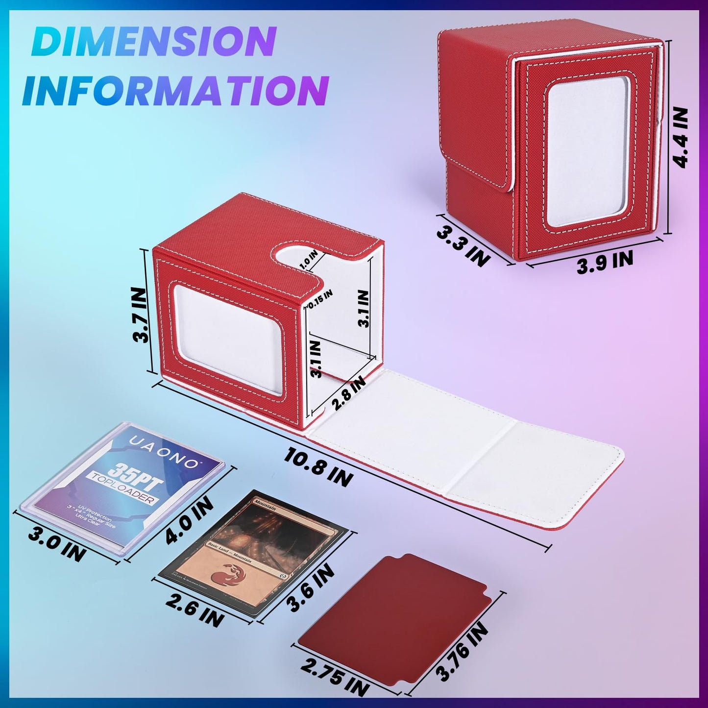 Uaono Card Deck Box With Mtg Commander Display, Deck Case Holds 100+ Double-Sleeved Cards, Trading Card Storage Box Fits Tcg/Ptcg/Sports Card With 2 Dividers, 1 Toploader (Red, White)