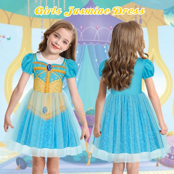 Benylion Princess Dress For Kids Blue Princess Halloween Cosplay Party Outfits For Girls Birthday Gift Princess Puff Sleeve Tull