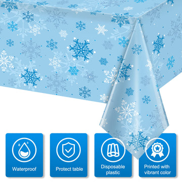 3 Pieces Snowflake Christmas Tablecloth, Plastic Ice Blue and White Winter Wonderland Table Cover for Holidays, 54x108 inch