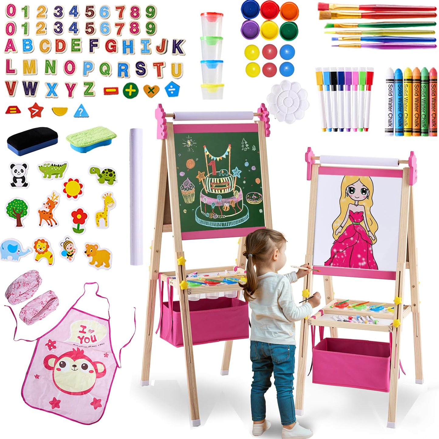 SWINSKUAD 2-in-1 Double Sided Kids Easel, Height-Adjustable Art Easel for Boys and Girls Ages 3-10, Including 100+ Accessories