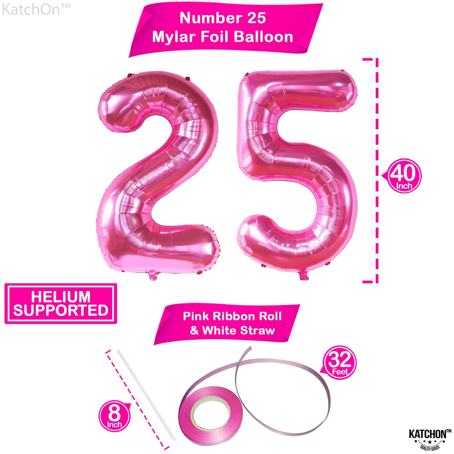Katchon, Hot Pink 25 Balloon Numbers - 40 Inch | 25Th Birthday Balloons, Pink 25Th Birthday Decorations For Women | 25 Balloon Numbers Pink | 25 Years Balloons, 25Th Birthday Decorations For Men