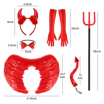Hillban 6 Pcs Halloween Devil Costume Set Include Sequin Red Horns Headband Devil Tail Bowtie Devil Wings Long Gloves Devil Fork