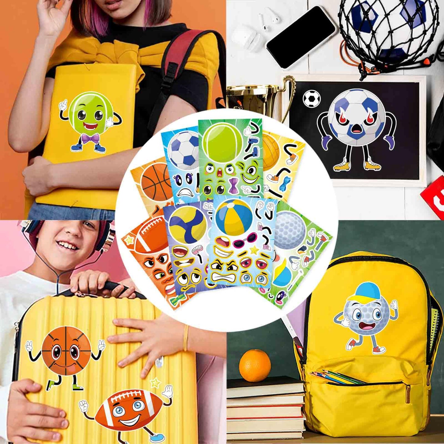 24 Pcs Sport Ball Stickers For Kids, Make A Face Stickers, Make Your Own Mix And Match Sticker Sheets, Basketball, Baseball, Foo