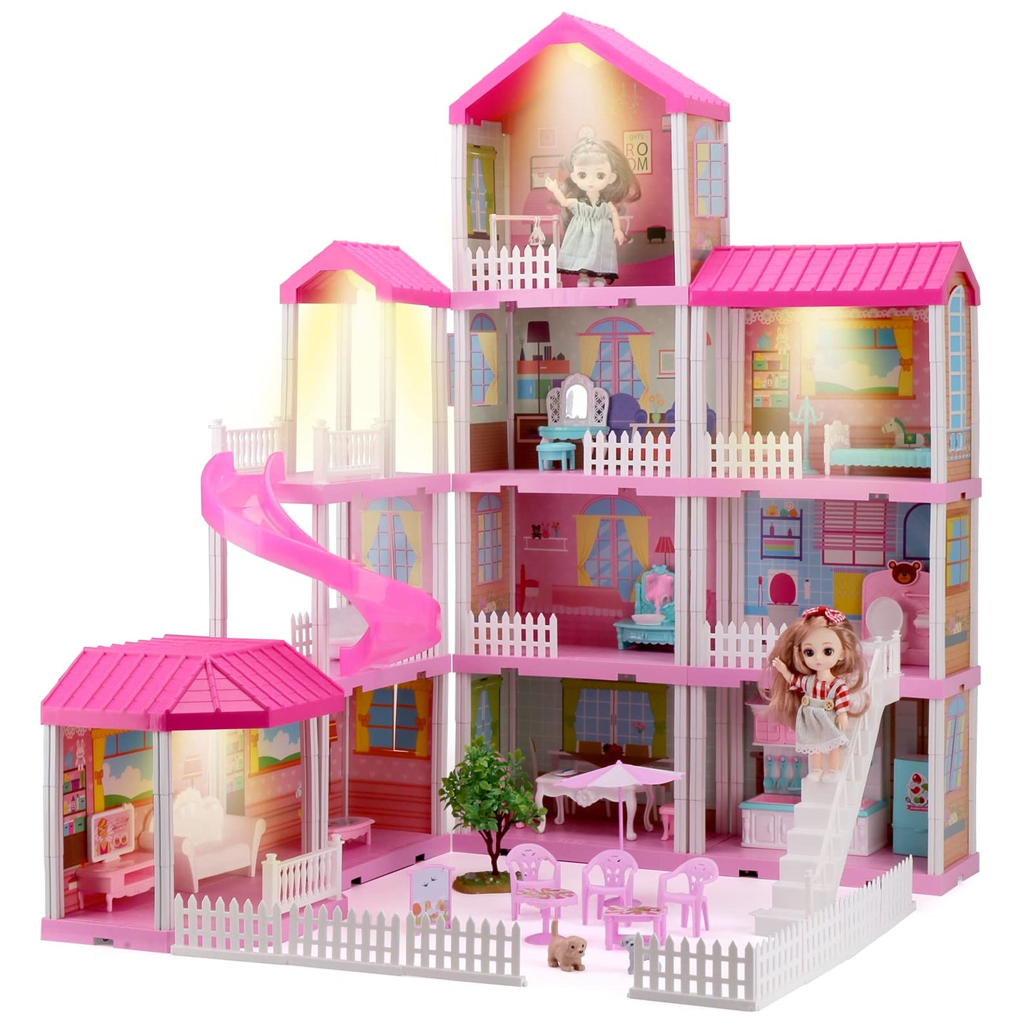 Hcfjeh Dollhouse Play House For Dream Girls Birthday Doll House With Lights & Two Dolls & Furniture Accessories, Toddler Diy Princess House Playhouse Pretend Set Toys (11 Room)