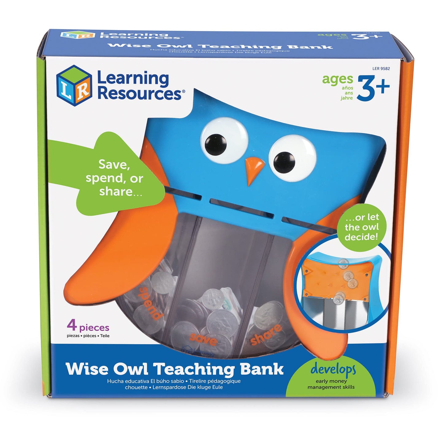 Learning Resources Wise Owl Teaching Bank - 4 Pieces, Ages 3+ Toddler Learning Toys, Play Money Toy For Kids, Save Spend Give Bank