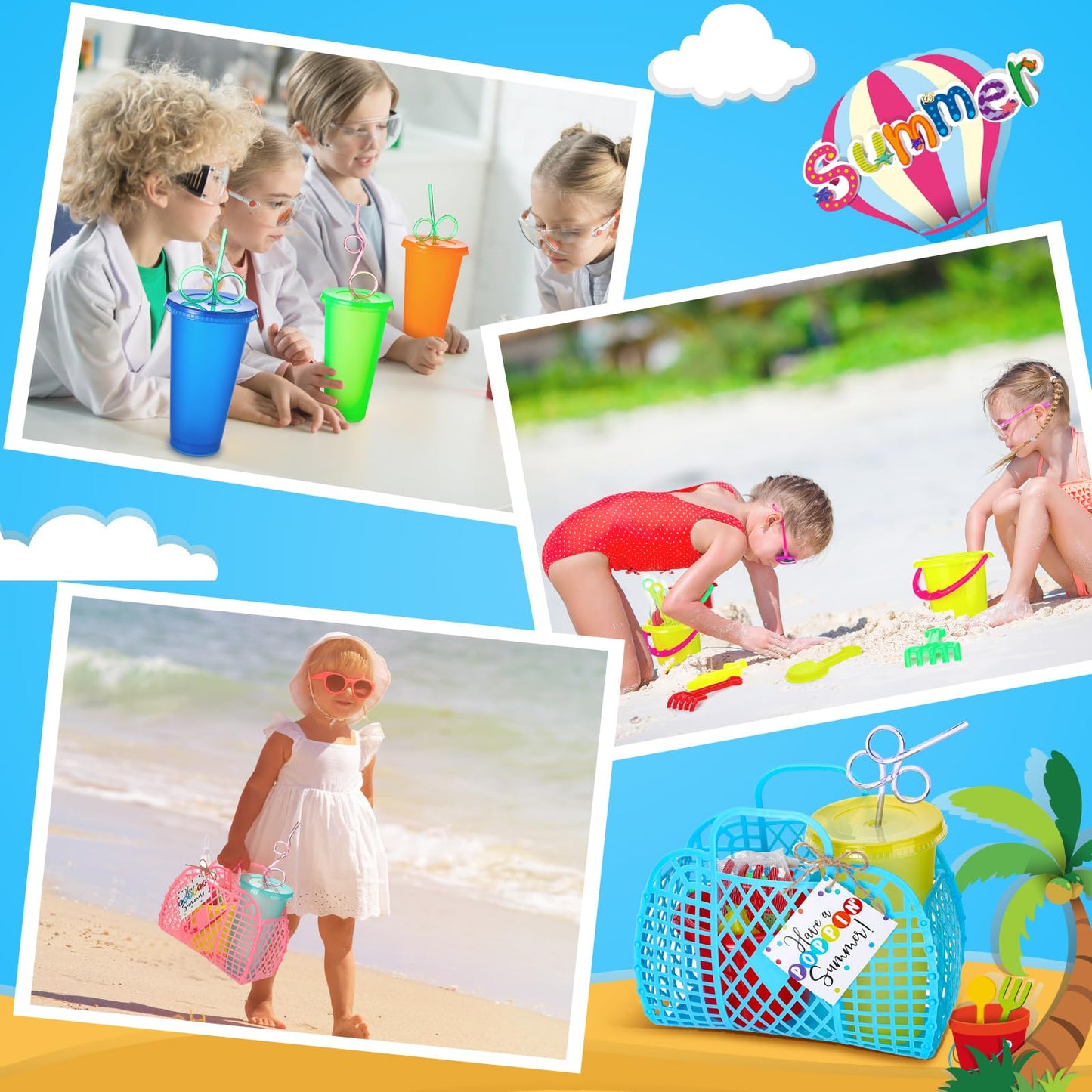 Simgoing Summer Beach Party Favors for Kids Bulk 73 Pcs Pool Gifts Include Sand Beach Buckets Baskets Cups Straws for Kindergart
