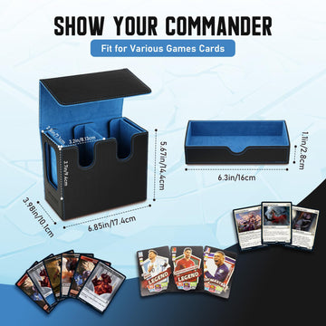 TiMOVO MTG Deck Box MTG Commander Card Deck Box with Commander Display & Dice Tray Fits 400+ Unsleeved Cards Leather Magnetic Card Storage Case with 6 Dividers for TCG CCG Magic Cards Black+Blue