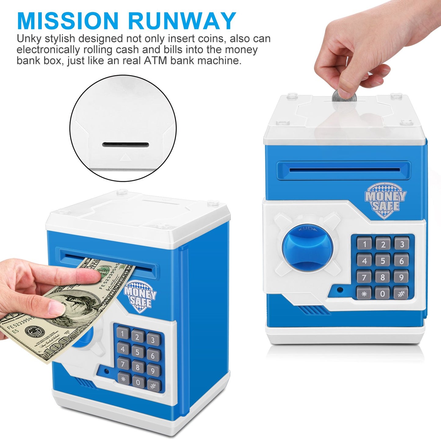 Renvdsa Electronic Password Piggy Bank Kids Safe Bank Mini Atm Electronic Money Save Box Cash Coin Can (Blue White)