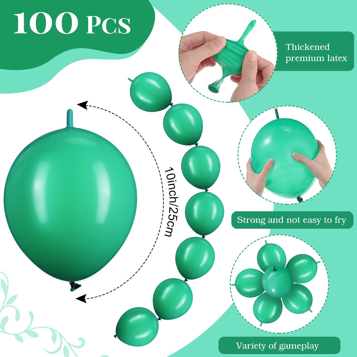 100 Pcs Link Balloon Linking Balloon Latex Linkable Balloons Connected Wedding Party Decoration (Dark Green, 10 Inch)
