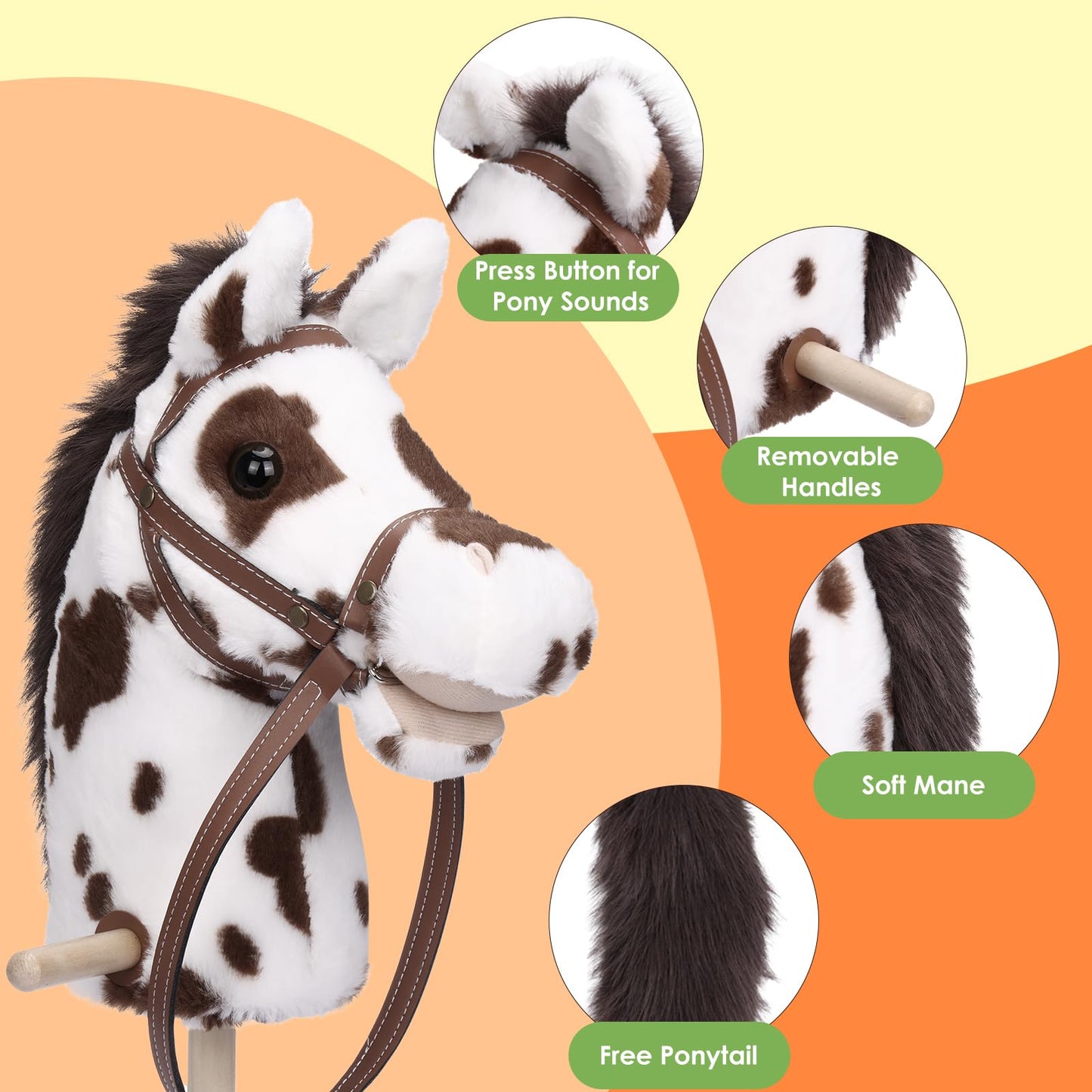 Plyfou Stick Horse With Realistic Sound Effects, Hobby Horse, Wooden Pole, Handle, And Wheels, 38 Tall Horse Toys Gift For Ki