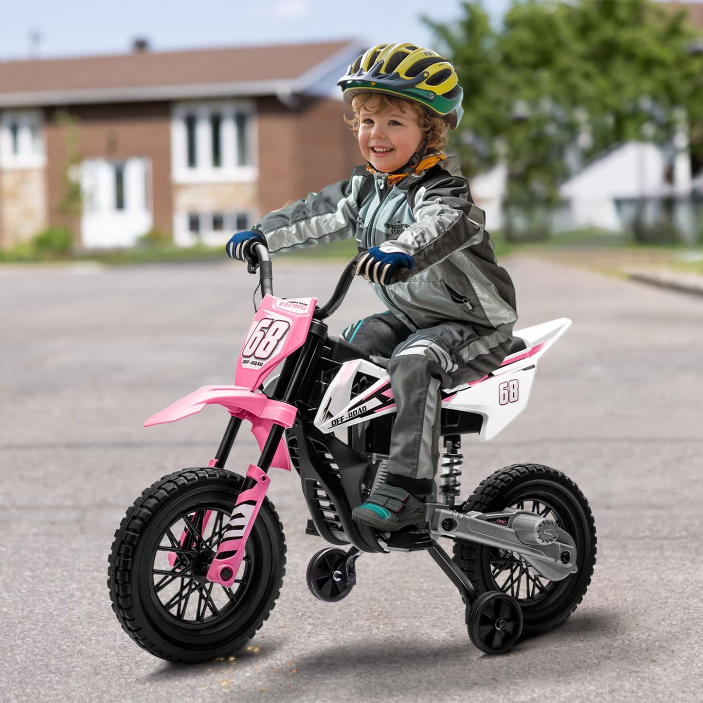 Forever Source 12V Kids Motorcycle w/Treaded Tires, 3.1mph Top Speed, Kids Motorcycle w/Training Wheels, Music, Bluetooth, Sprin