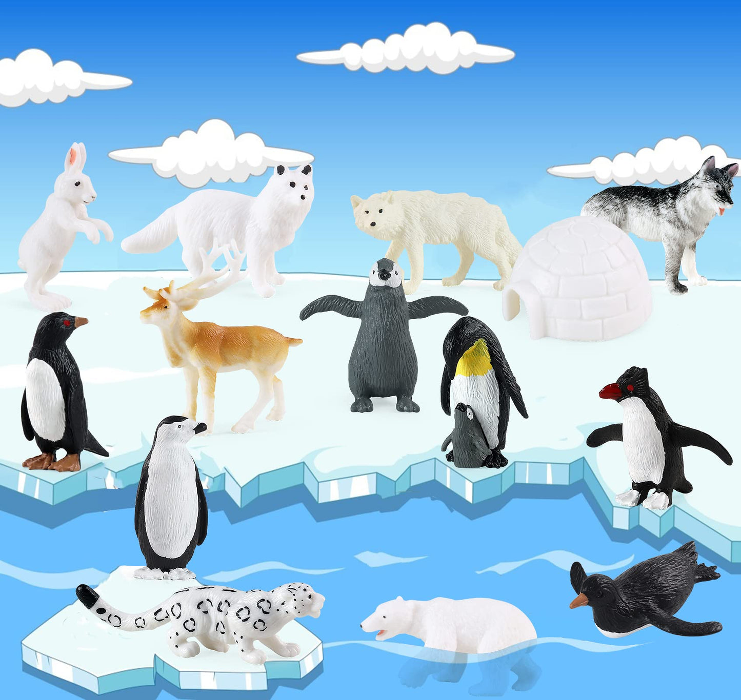 Rcomg Arctic Animals Figures, 14Pcs Mini Polar Animal Figurines, Plastic Arctic Animal Toys Set With Arctic Fox Wolf Reindeer Pe