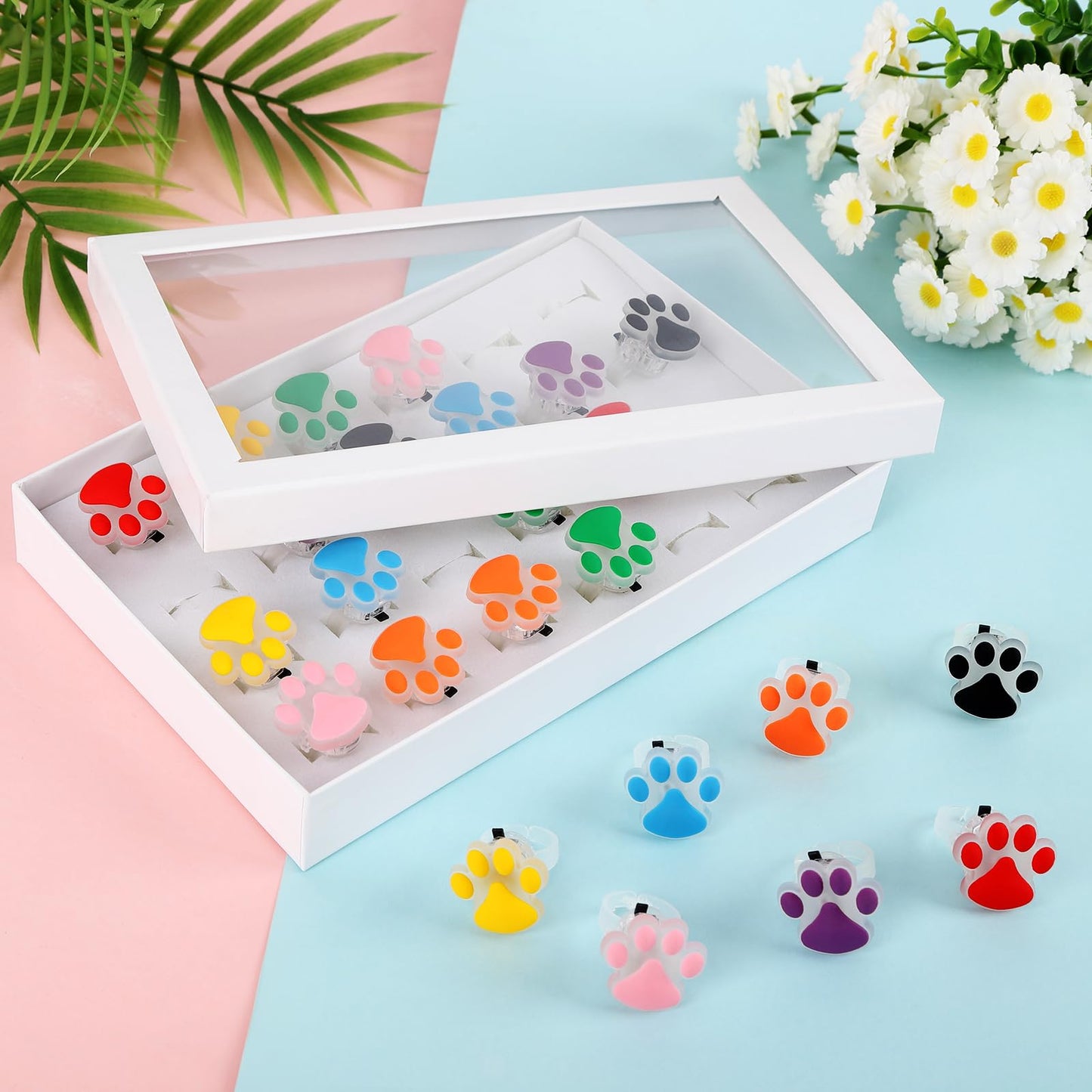 TUWUNA Paw Print LED Light Up Rings 24 Pcs Paw Party Favors Glowing Finger Rings Toys for Pet Puppy Dog Birthday Party Supplies,