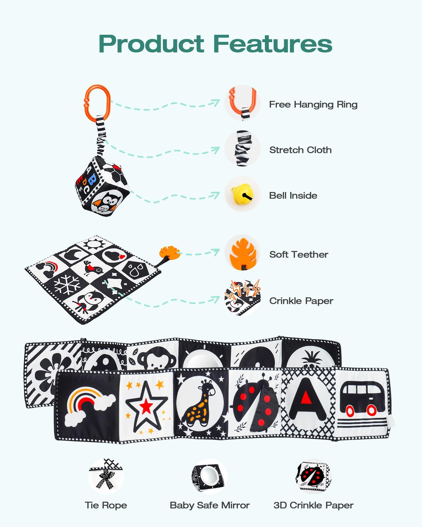 Melican 3 Pcs Black And White High Contrast Baby Toys 0-3 Months For Newborn, Montessori Toys For Babies Sensory Soft Book For E