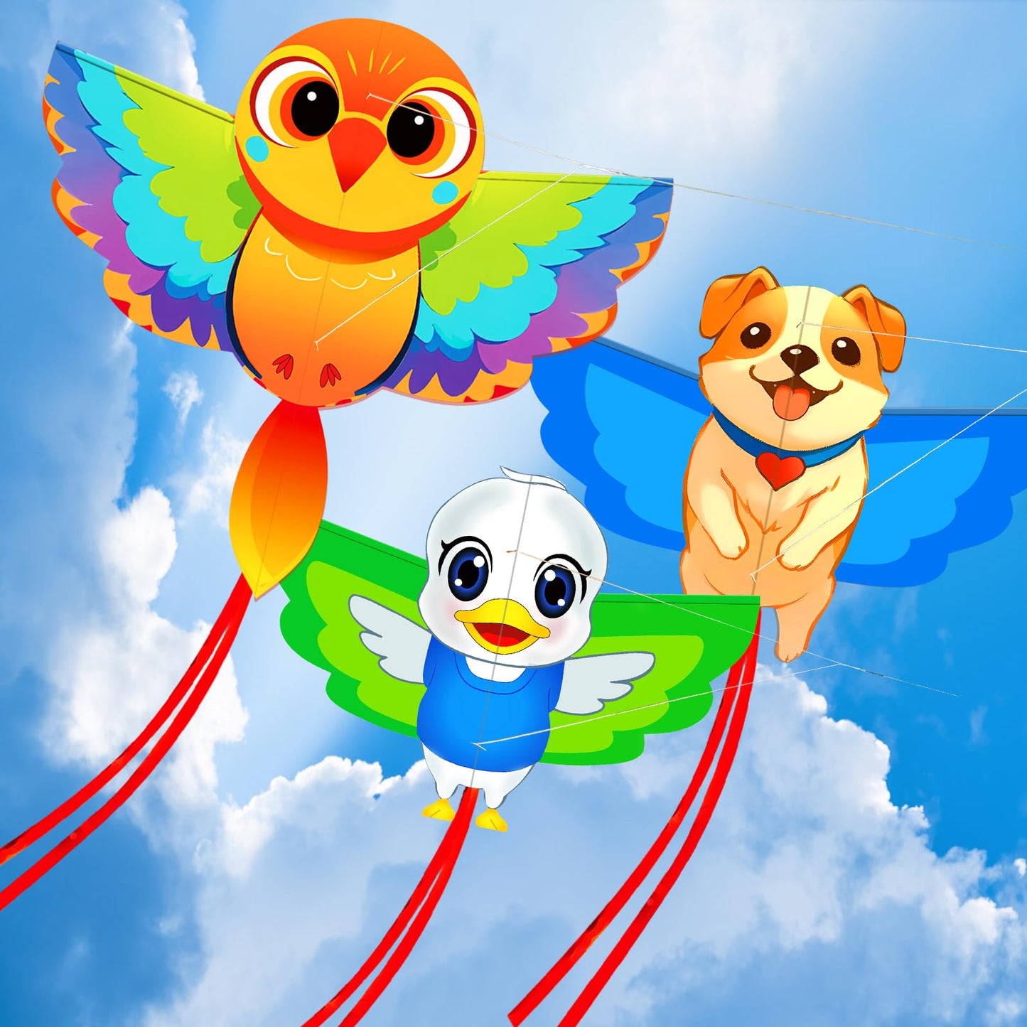 Hengda Kite 3 Pack Of Kites,Bird And Dog And Duck Kite,For Kids Beginners And Adults Cute Design High Definition Printing Easy T