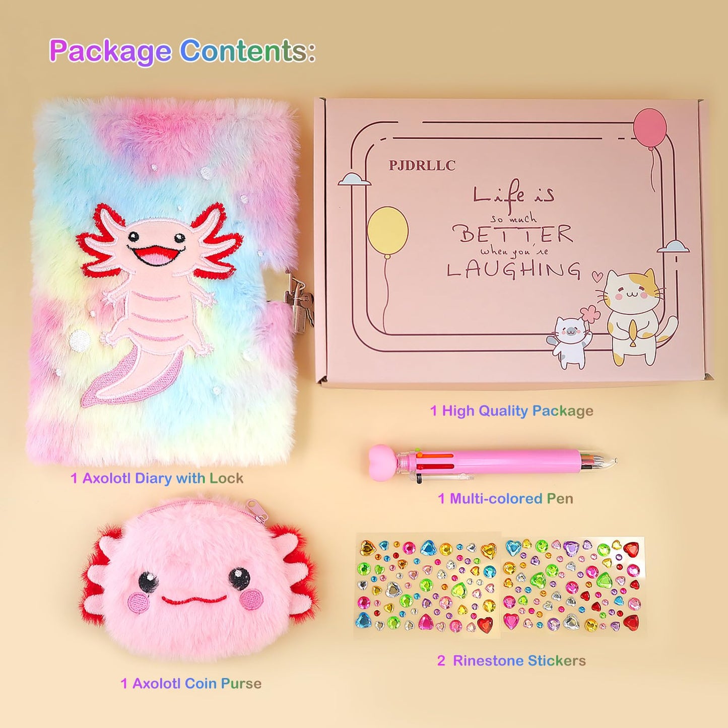 Pjdrllc Axolotl Diary With Lock, Gift For 8 9 10 Year Old Girl, Secret Diary Journal Notebook With Coin Purse, Multicolored Pen,