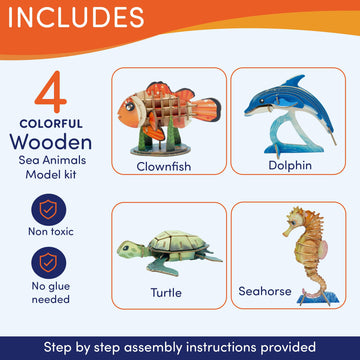 Diy 3D Wooden Puzzle Bundle– Colorful Sea Animals Models Building Kits For Kids & Adults- Educational Stem Brain Teasers Puzzles - Wood Crafts Gifts For Boys And Girls- Ages 8-9-10-11-12