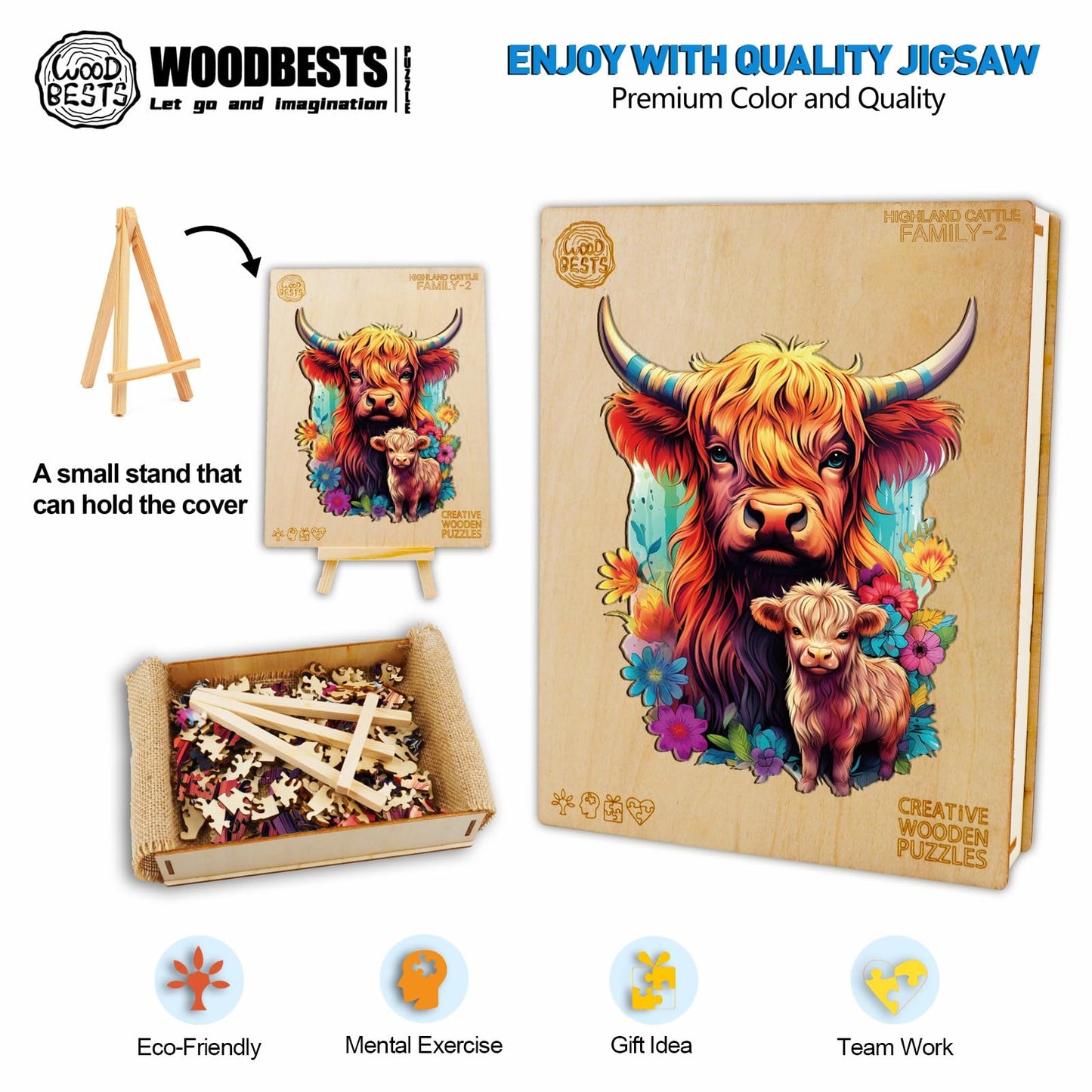 Woodbests Wooden Puzzle For Adults, Highland Cattle Family Puzzle (M, 170Pcs, 9.2'X11.4') Beautiful Wooden Box, Wooden Jigsaw Puzzles Unique Shape, Birthday Gifts For Adults And Kids Family Game